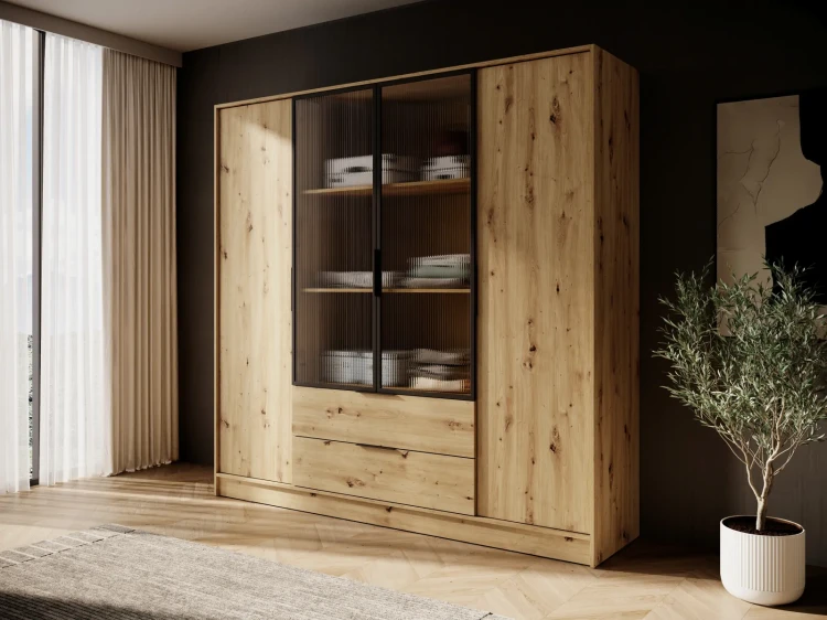 Szafa Kelly RM 206 cm przeszklona z oświetleniem LED do sypialni dąb artisan