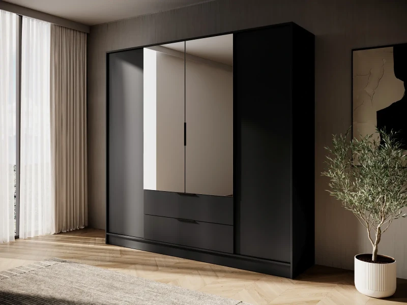 Szafa Kelly L 206 cm czterodrzwiowa z lustrem do sypialni czarny