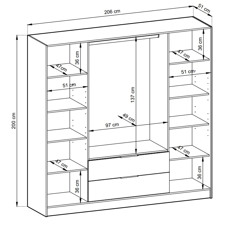 Szafa Kelly L 206 cm czterodrzwiowa z lustrem do sypialni czarny