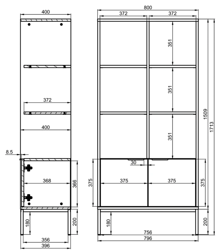 Regał Austin 80 cm z 2 zamykanymi szafkami do salonu biały/czarny
