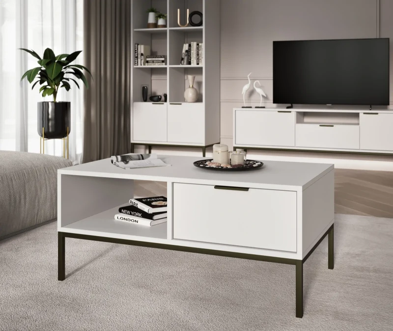 Stolik kawowy Austin 80 cm z 2 szufladami do salonu biały/czarny