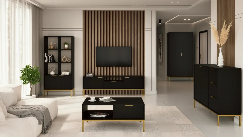 Szafka RTV Austin 175 cm dwudrzwiowa z szufladą do salonu czarny/złoty