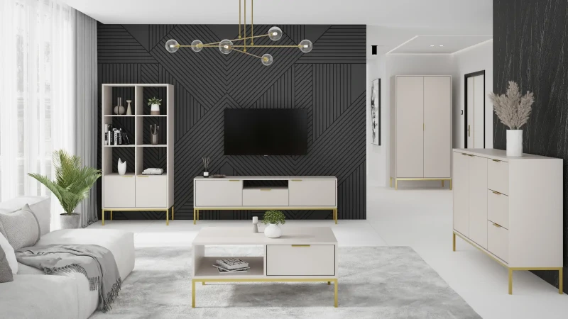 Komoda Austin 150 cm z 3 szufladami do salonu kaszmir/złoty