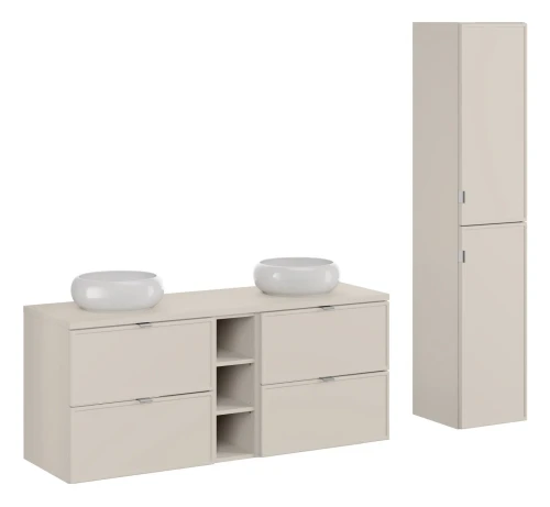 Zestaw mebli łazienkowych Bella Cashmere z dwoma umywalkami Wiki i blatem 140 cm - 7 elementów