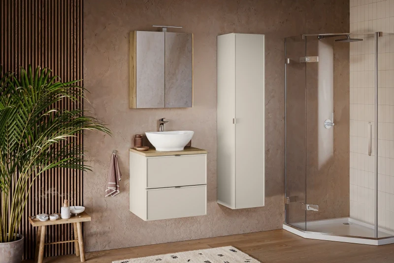 Zestaw mebli łazienkowych Bella Cashmere z umywalką nablatową Smile i blatem 120 cm - 4 elementy