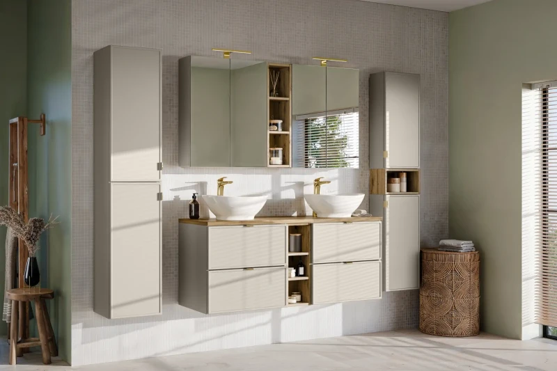 Zestaw mebli łazienkowych Bella Cashmere z blatem 120 cm dąb artisan - 4 elementy