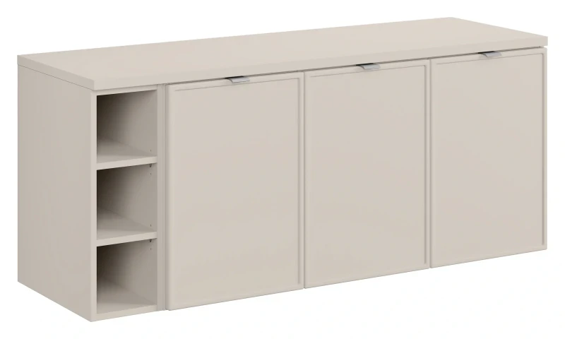 Zestaw mebli łazienkowych Bella Cashmere trzydrzwiowa szafka z regałem i blatem 140 cm