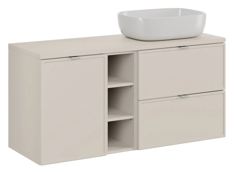 Zestaw mebli łazienkowych Bella Cashmere z umywalką nablatową Smile i blatem 120 cm - 5 elementów