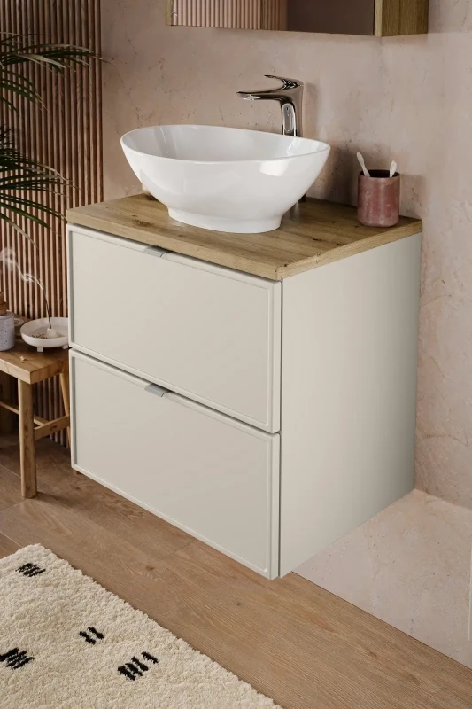 Zestaw mebli łazienkowych Bella Cashmere z umywalką nablatową Smile i blatem 120 cm - 5 elementów