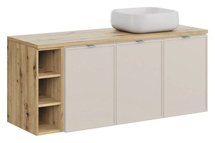 Zestaw mebli łazienkowych Bella Cashmere z umywalką Nika i blatem 140 cm dąb artisan - 4 elementy