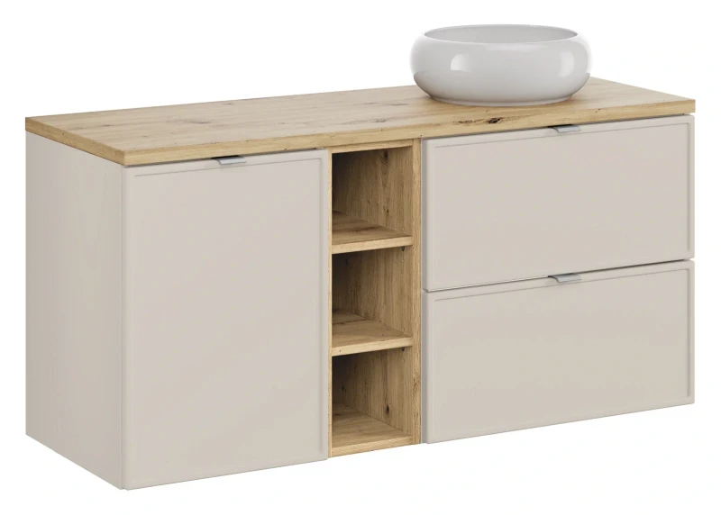 Zestaw mebli łazienkowych Bella Cashmere z umywalką Wiki i blatem 120 cm dąb artisan - 5 elementów