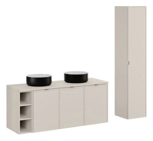 Zestaw mebli łazienkowych Bella Cashmere z dwoma umywalkami Simple i blatem 140 cm - 6 elementów