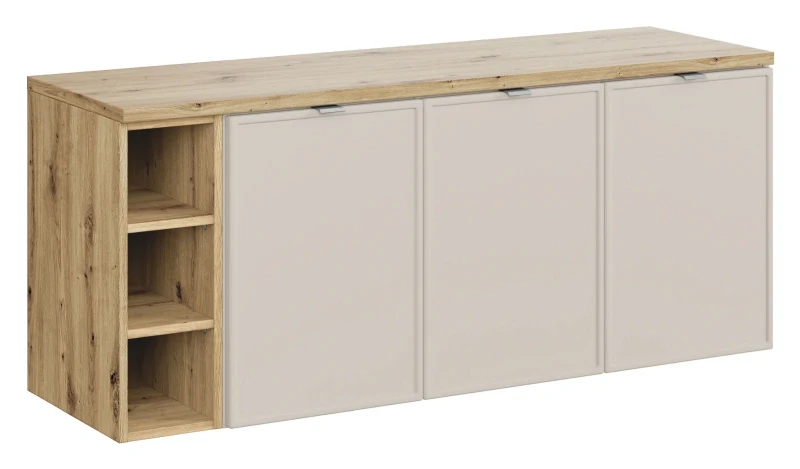 Zestaw mebli łazienkowych Bella Cashmere trzydrzwiowa szafka z regałem i blatem 140 cm dąb artisan