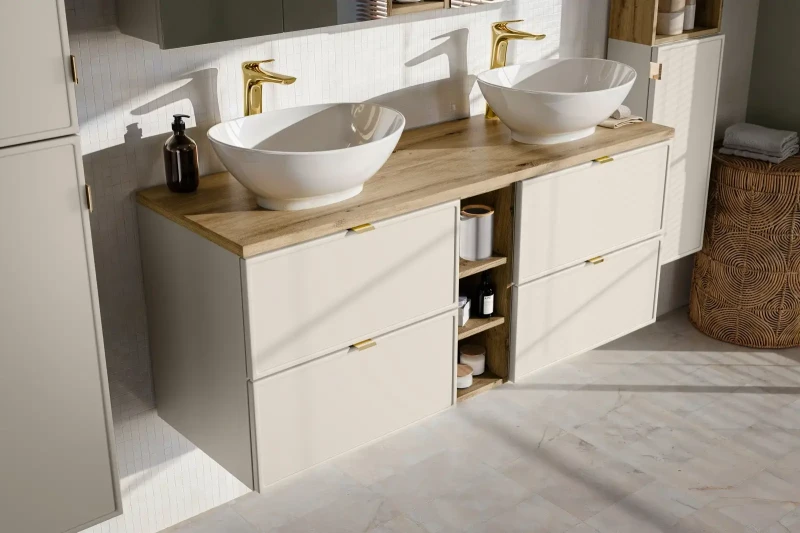 Zestaw mebli łazienkowych Bella Cashmere trzydrzwiowa szafka z regałem i blatem 140 cm dąb artisan