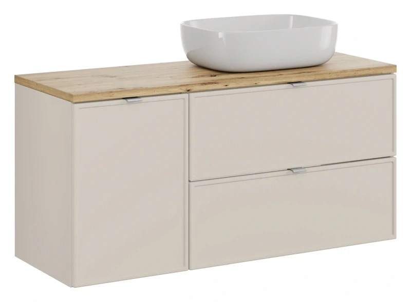 Zestaw mebli łazienkowych Bella Cashmere z umywalką nablatową Smile i blatem 120 cm dąb artisan - 4 elementy
