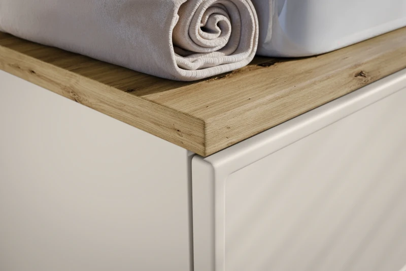 Zestaw mebli łazienkowych Bella Cashmere z umywalką nablatową Smile i blatem 120 cm dąb artisan - 4 elementy