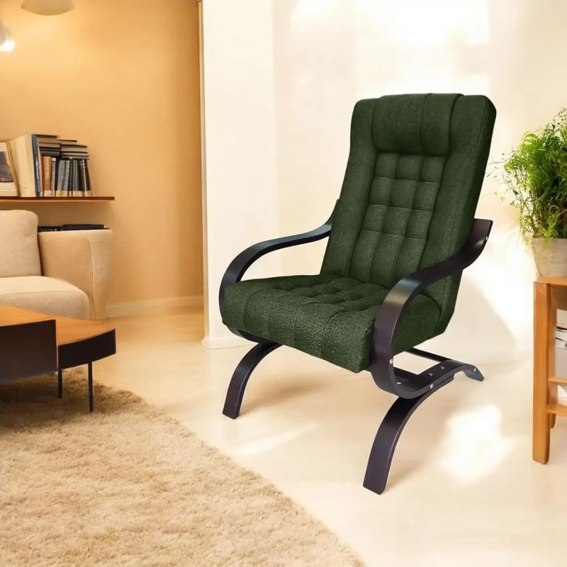 Fotel tapicerowany Finka Sisu pikowany na bukowym stelażu do salonu - oliwkowy Malmo 37