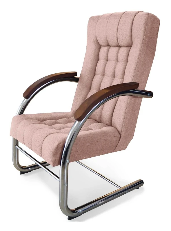 Fotel tapicerowany Finka Happy pikowany na metalowym stelażu do salonu - jasny róż Malmo 61