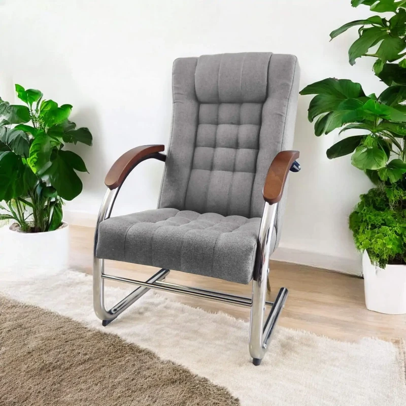 Fotel tapicerowany Finka Happy pikowany na metalowym stelażu do salonu - jasny szary Malmo 83