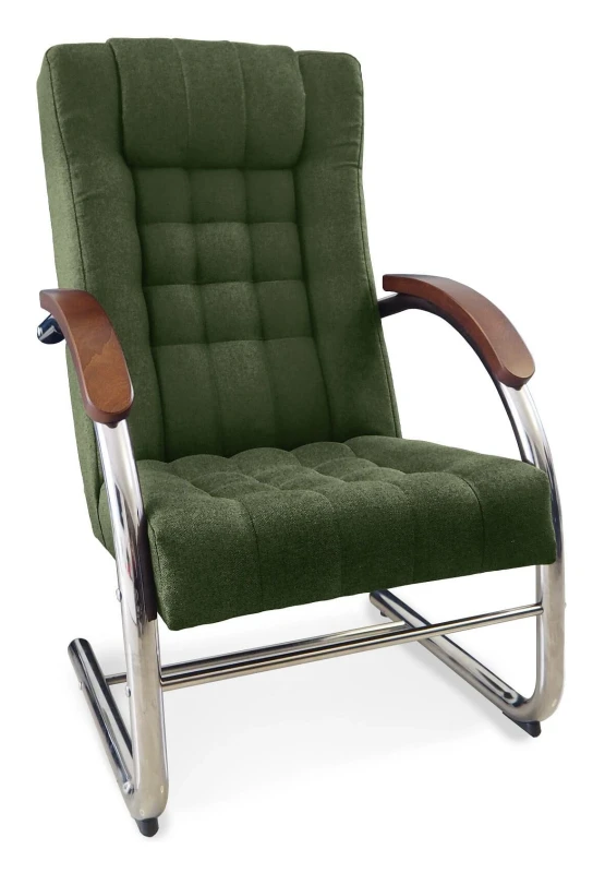 Fotel tapicerowany Finka Happy pikowany na metalowym stelażu do salonu - oliwkowy Malmo 37