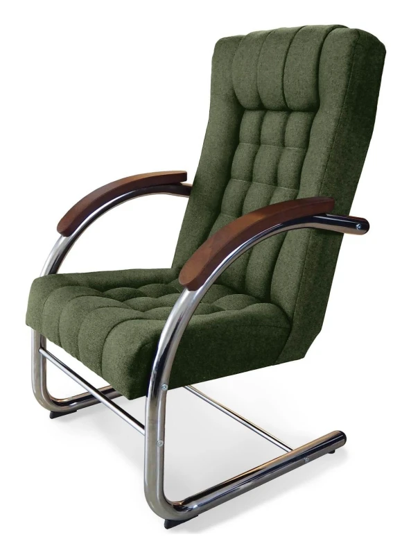 Fotel tapicerowany Finka Happy pikowany na metalowym stelażu do salonu - oliwkowy Malmo 37
