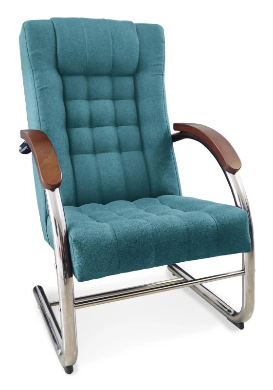 Fotel tapicerowany Finka Happy pikowany na metalowym stelażu do salonu - turkusowy Malmo 85