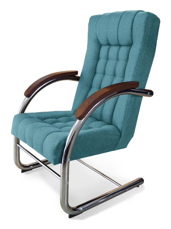 Fotel tapicerowany Finka Happy pikowany na metalowym stelażu do salonu - turkusowy Malmo 85