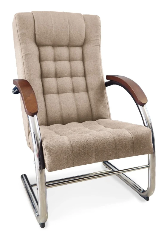 Fotel tapicerowany Finka Happy pikowany na metalowym stelażu do salonu - beżowy Sawana 17