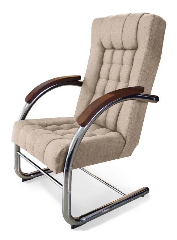 Fotel tapicerowany Finka Happy pikowany na metalowym stelażu do salonu - beżowy Sawana 17