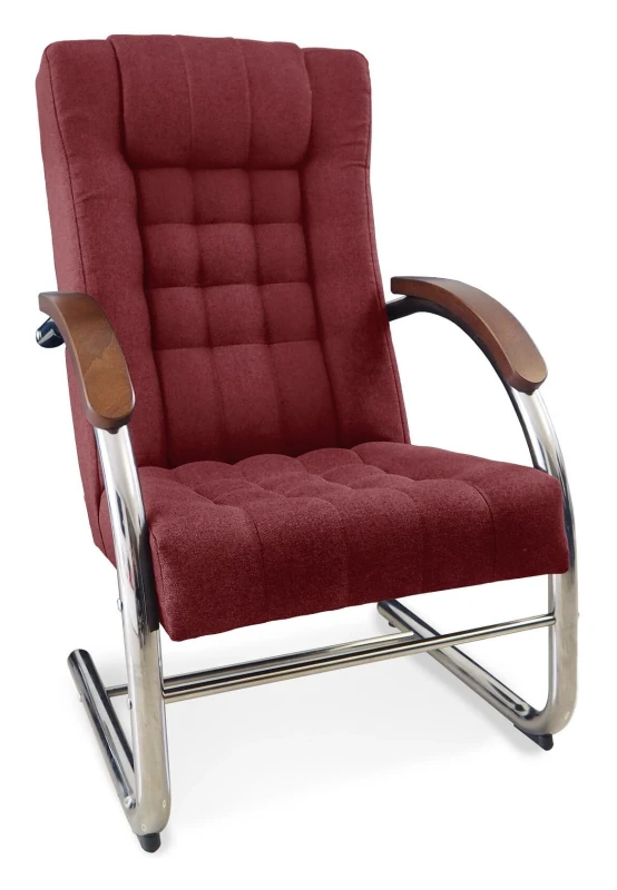 Fotel tapicerowany Finka Happy pikowany na metalowym stelażu do salonu - bordowy Malmo 63