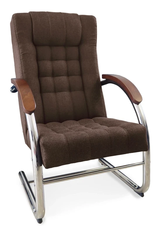 Fotel tapicerowany Finka Happy pikowany na metalowym stelażu do salonu - brązowy Malmo 26