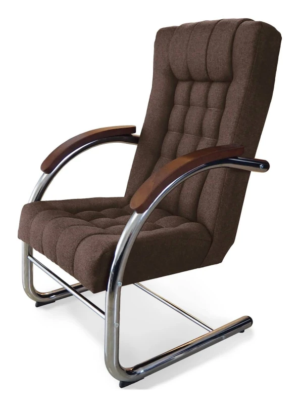 Fotel tapicerowany Finka Happy pikowany na metalowym stelażu do salonu - brązowy Malmo 26