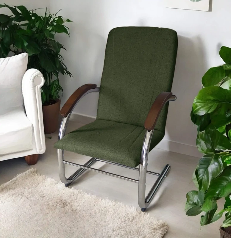 Fotel tapicerowany Finka Happy gładki na metalowym stelażu do salonu - oliwkowy Malmo 37