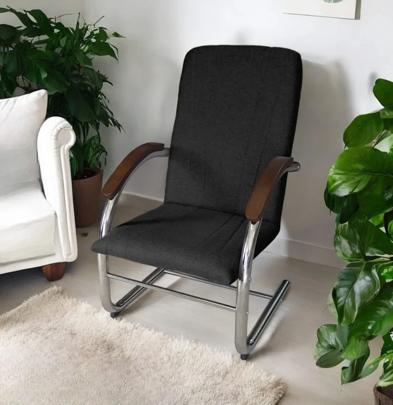 Fotel tapicerowany Finka Happy gładki na metalowym stelażu do salonu - czarny Sawana 14