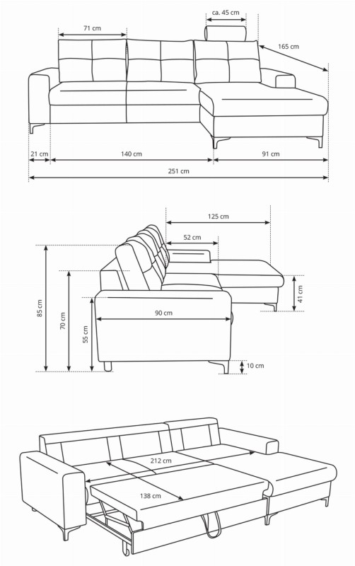 Narożnik rozkładany AVRA 251 cm z funkcją spania i pojemnikiem na pościel