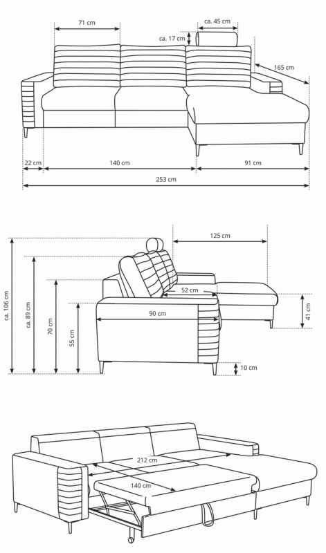 Narożnik rozkładany COLLIN 253 cm z funkcją spania i pojemnikiem na pościel