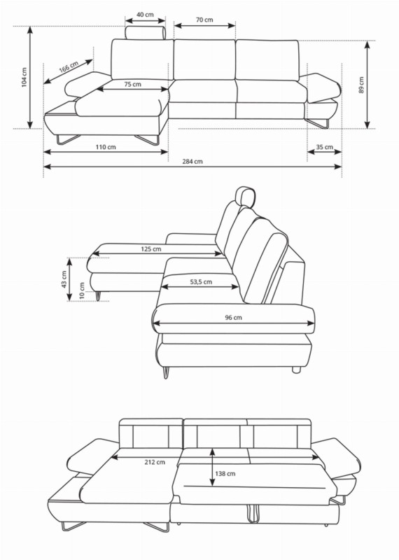 Narożnik rozkładany LOFT 284 cm z funkcją spania i pojemnikiem na pościel