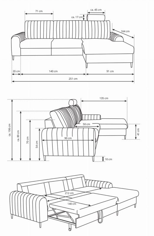 Narożnik rozkładany MONACO 251 cm z funkcją spania i pojemnikiem na pościel