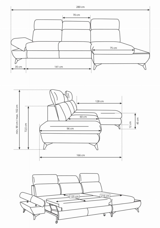 Narożnik rozkładany TITAN 280 cm z funkcją spania i pojemnikiem na pościel