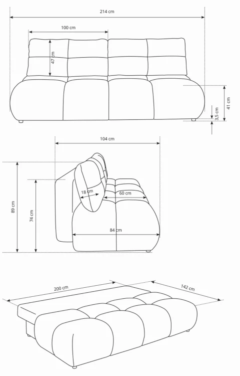 Sofa rozkładana MILO 214 cm z funkcją spania i pojemnikiem na pościel
