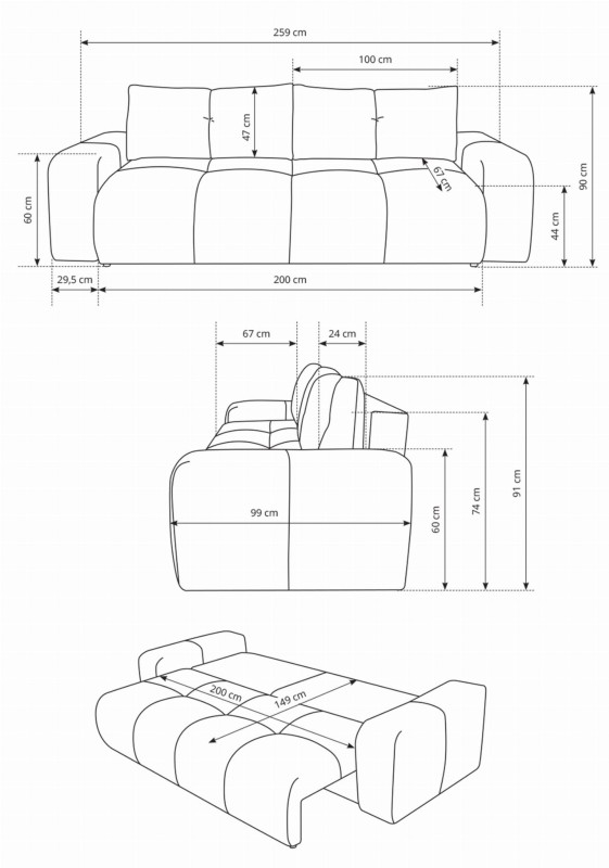 Sofa rozkładana SOHO 259 cm z funkcją spania i pojemnikiem na pościel