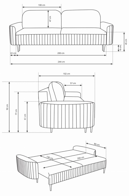 Sofa rozkładana VENA 244 cm z funkcją spania i pojemnikiem na pościel
