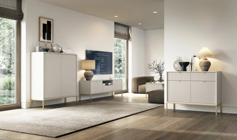 Komoda Nova 104 cm pojemna kaszmir - złoty stelaż