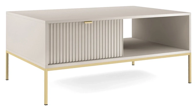 Stolik kawowy Nova 104 cm z szufladą kaszmir - złoty stelaż