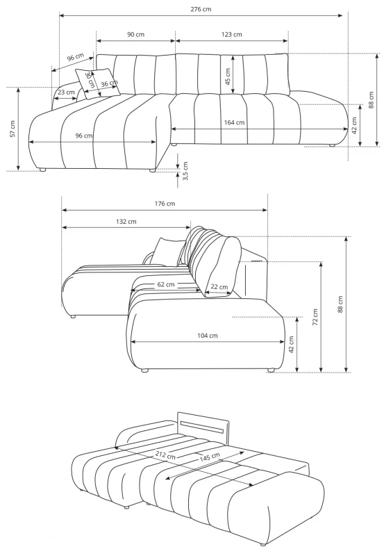 Narożnik rozkładany BALOO 276 cm z funkcją spania i pojemnikiem na pościel