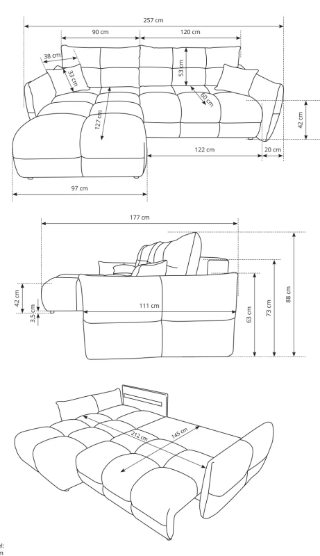 Narożnik rozkładany BASE 257 cm z funkcją spania i pojemnikiem na pościel