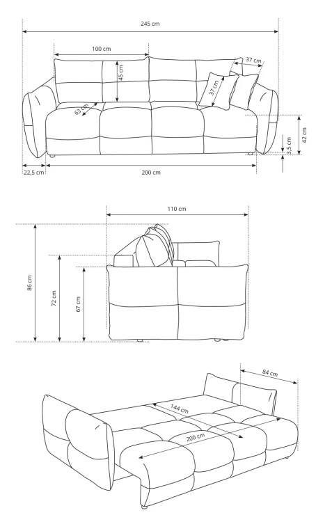 Sofa rozkładana BASE 245 cm z funkcją spania i pojemnikiem na pościel