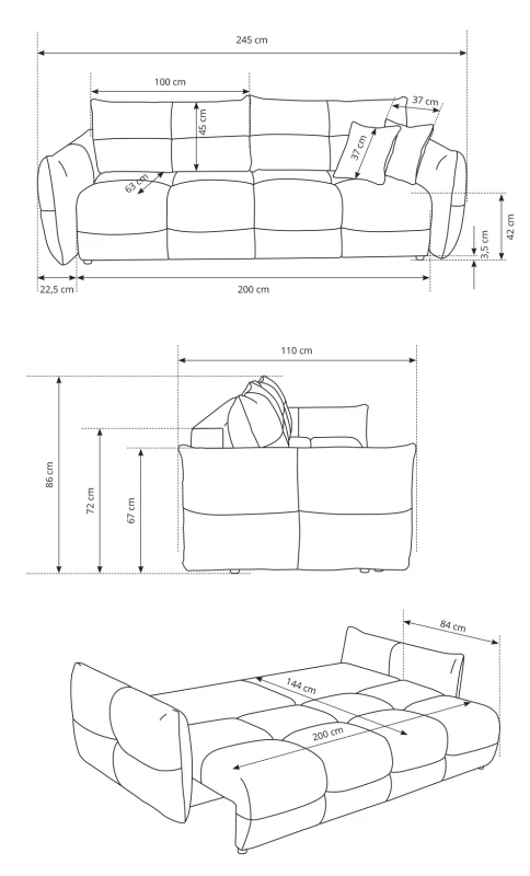 Sofa rozkładana BASE 245 cm z funkcją spania i pojemnikiem na pościel