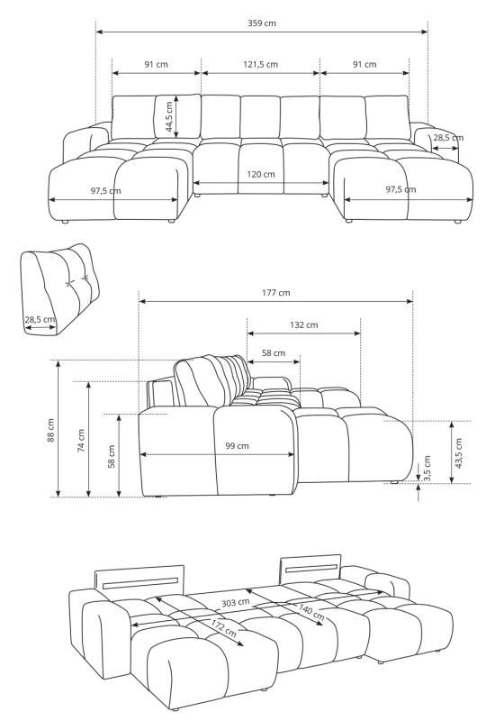 Narożnik rozkładany SOHO 359 cm z funkcją spania i pojemnikiem na pościel