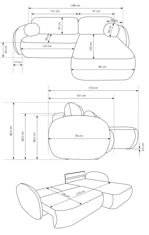 Narożnik rozkładany OLIO 248 cm z funkcją spania i pojemnikiem na pościel